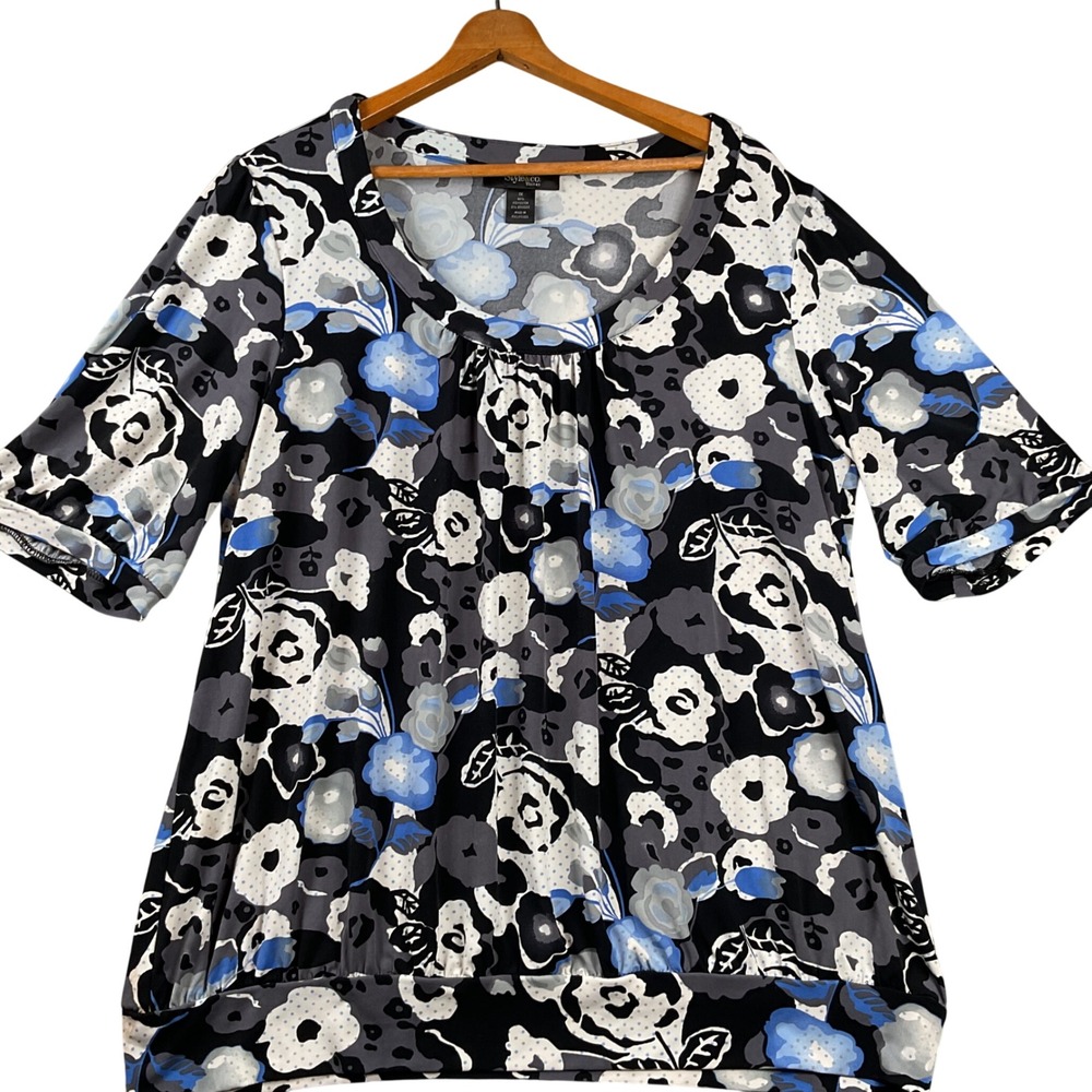 Style & Co Blouse Woman 1X Blue Grey Floral Short Sleeve Banded Hem Top